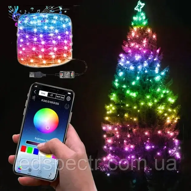 Світлодіодна гірлянда Смарт Роса RGB з пультом, Bluetooth для ялинки з управлінням з телефону USB 10 м