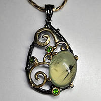 Кулон серебряный с природными пренитом и хромдиопсидом, ручная работа