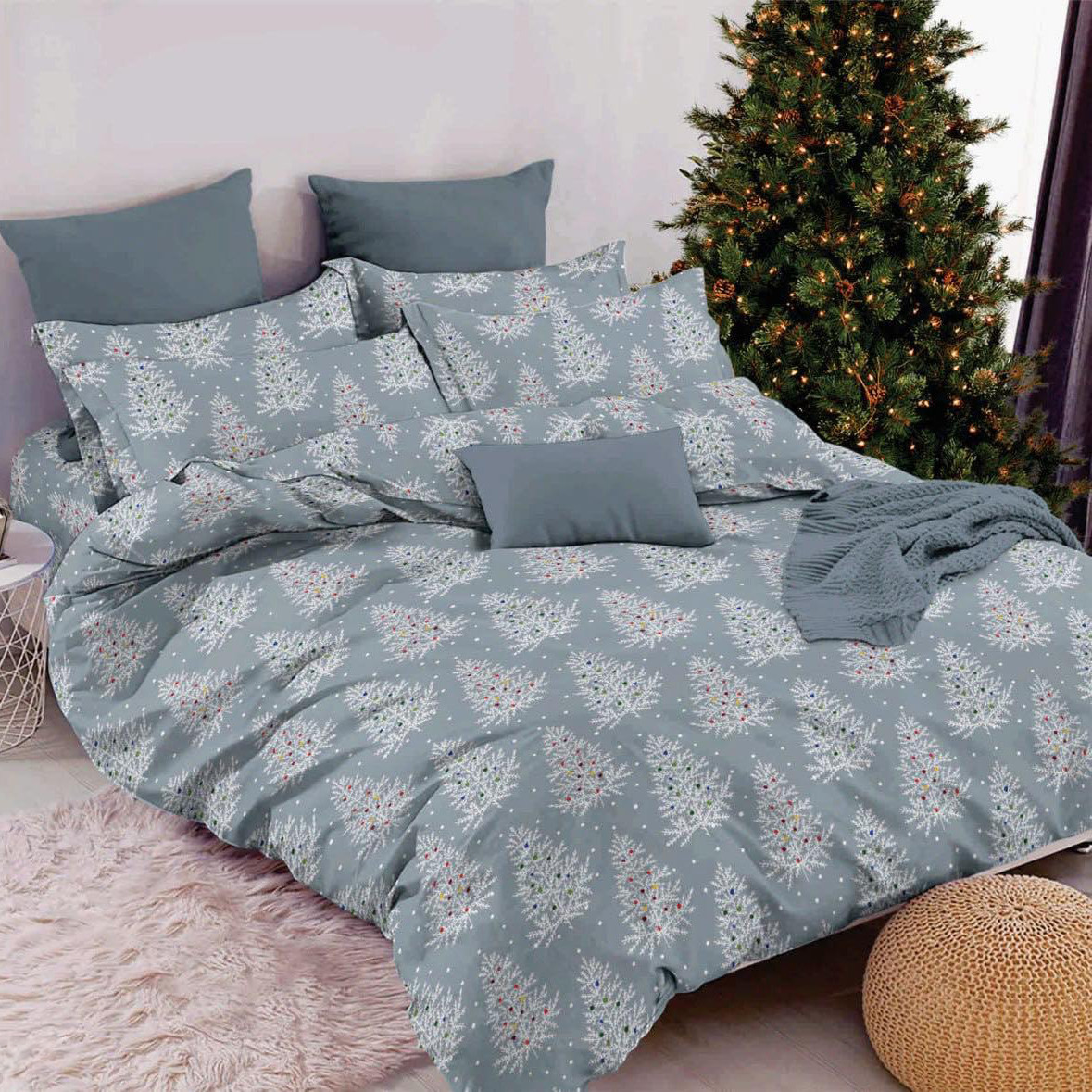 Підковдра на блискавці 145х215 (Бязь) | Полуторна підковдра від виробника "Королева Ночі" | Ялинки на сірому, фото 1