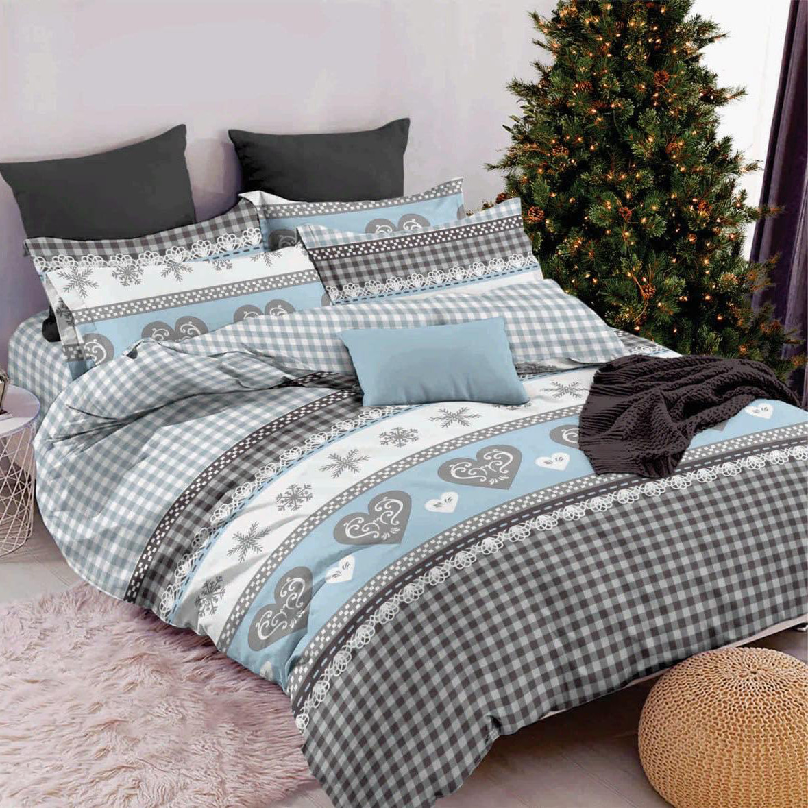 Наволочка на блискавці 70х70 (Бязь) | Від виробника "Королева Ночі" | Новорічна абстракція, сніжинки, серця, клітинка, фото 1