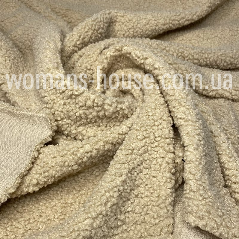 Тканина хутро Тедді кучерява на трикотажі 320 gsm 150 см Бежевий світлий, фото 1