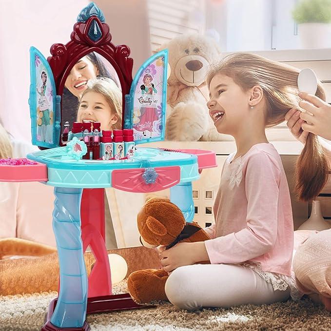 Косметичний столик трюмо для макіяжу дівчинці 16 предметів Сенсор дзеркало Стільчик Світло Дитяча ігрова зона, фото 1