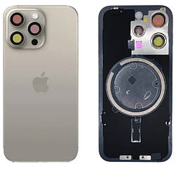 Задня кришка (скло) iPhone 15 Pro Max natural titanium (оригінал завод) у зборі на рамці