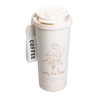 Термочашка на 500 мл із трубочкою Flower Style з подвійним відкриванням біла