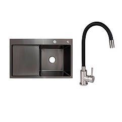 Готове рішення для кухні: Lidz Handmade H7849BL Мийка інтегрована крило зліва Brushed Black PVD+Aria 015F3 з гнучким виливом (k35)