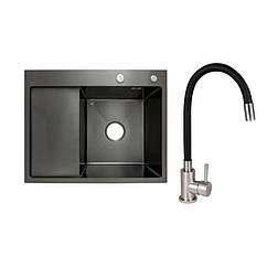 Готове рішення для кухні: Lidz Handmade H6350BL Мийка інтегрована крило зліва Brushed Black PVD+Aria 015F3 з гнучким виливом (k35)