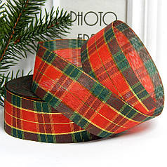 Стрічка "шотландка" 4 см, червоно-зелена клітинка, люрекс