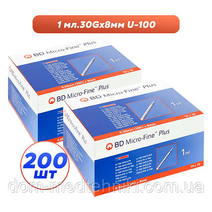 Шприци інсулінові з інтегрованою голкою BD Micro-Fine Plus 1 мл U-100 (8 мм х 30G), 200 шт., фото 1