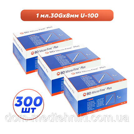 Шприци інсулінові з інтегрованою голкою BD Micro-Fine Plus 1 мл U-100 (8 мм х 30G), 300 шт., фото 1