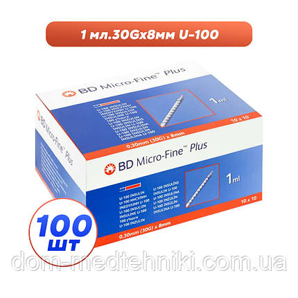 Шприци інсулінові з інтегрованою голкою BD Micro-Fine Plus 1 мл U-100 (8 мм х 30G), 100 шт., фото 1