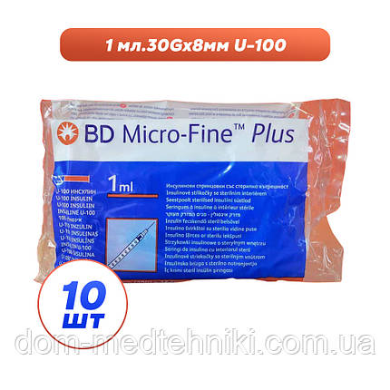 Шприци інсулінові з інтегрованою голкою BD Micro-Fine Plus 1 мл U-100 (8 мм х 30G), 10 шт., фото 1