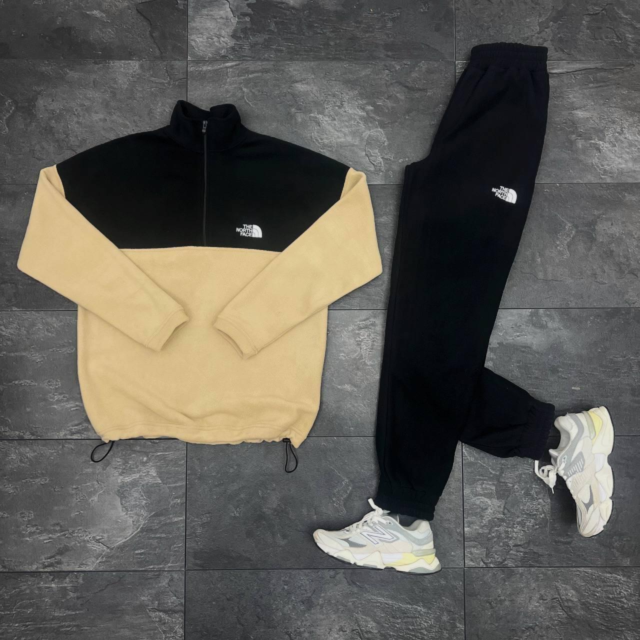 Чоловічий зимовий спортивний костюм The North Face бежевий з чорним флісовий Зе Норт Фейс плюшевий, фото 1