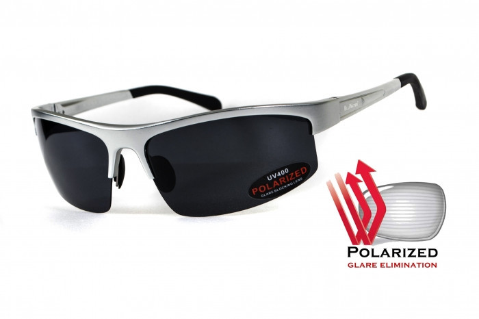 Окуляри поляризаційні BluWater Alumination-5 Silver Polarized (gray) чорні в сріблястій оправі, фото 1