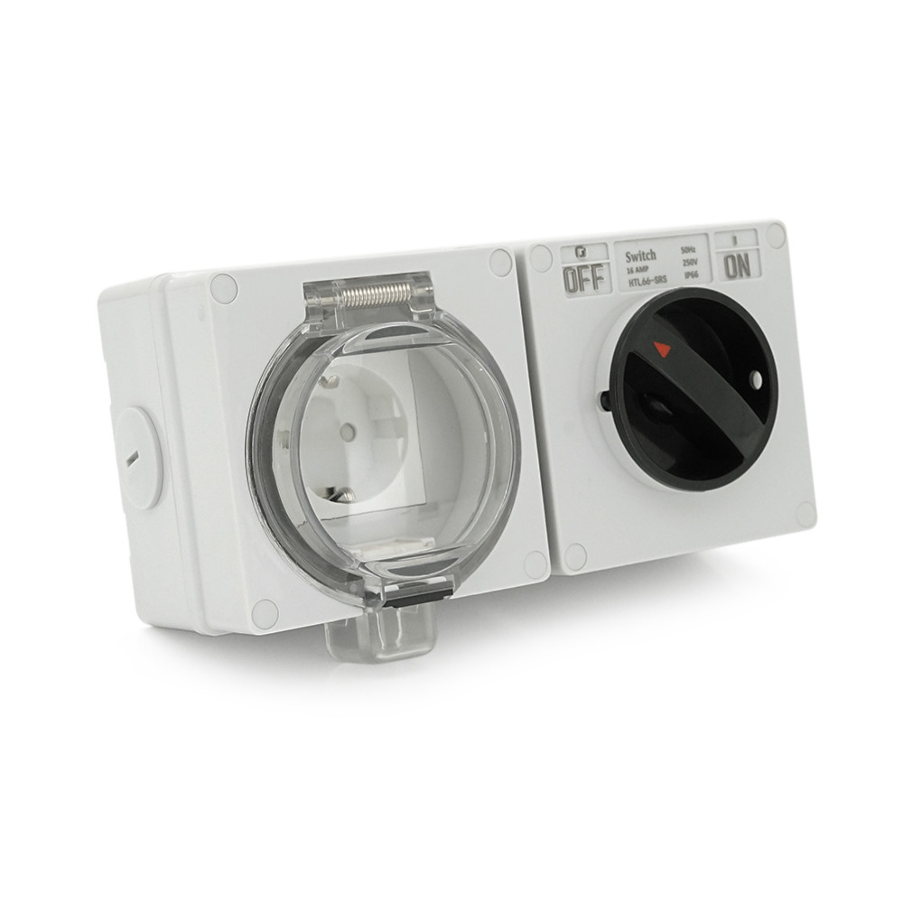 Вимикач + розетка зовнішнього монтажу, двосторонній висновок, IP65, AC: 250V, 16A, Grey, фото 1