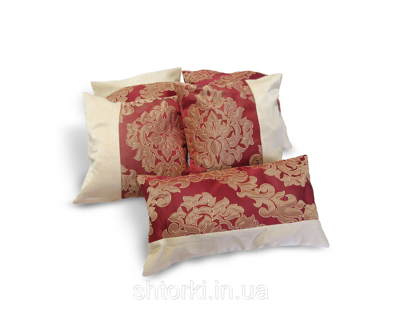 Комплект декоративних подушок Firanka Damask 30х30см 4шт 40х21см 1шт бордові з пісочним коронки (п_0267)