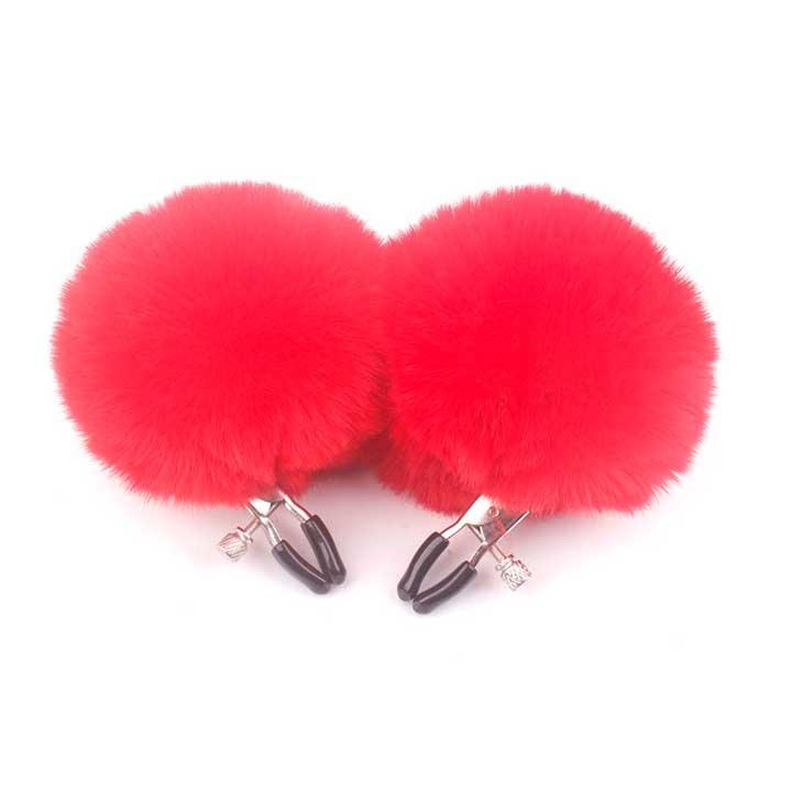 Затискачі для сосків із хутром "Pom Pom Nipple Clamps" - Червоний - Садо-мазо