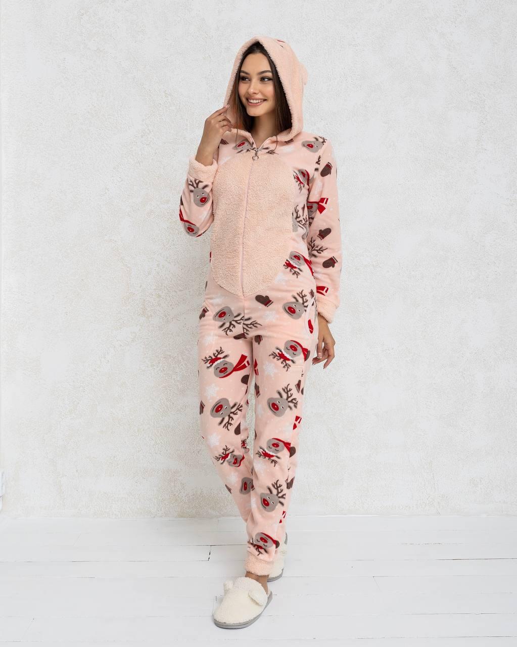 Жіноча піжама кігурумі рожева Комбінезон утеплений з кишенею на попі попожама, фото 1