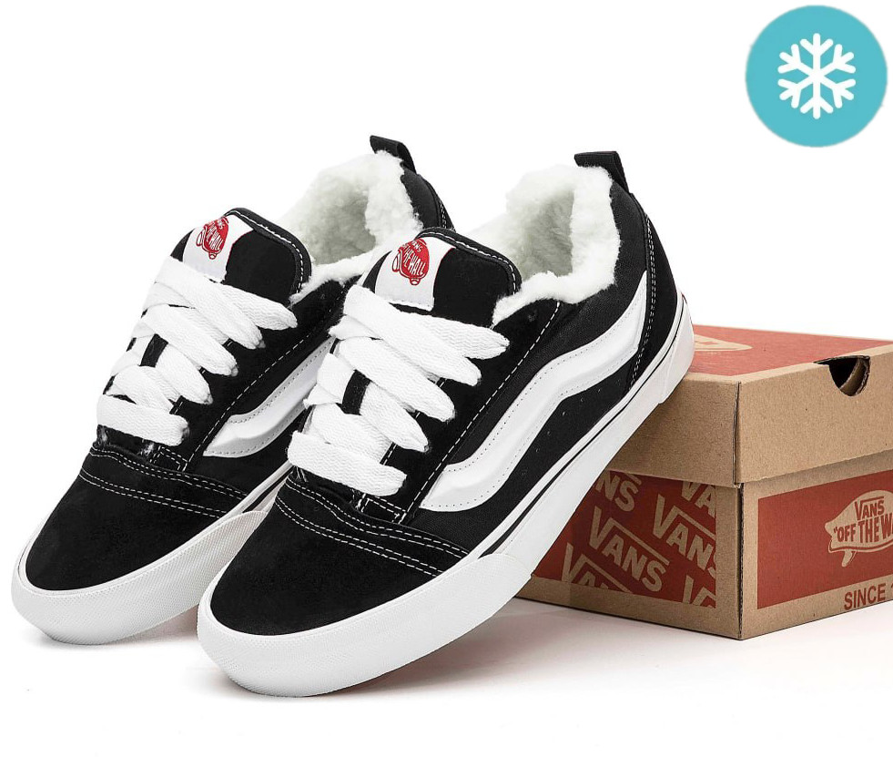 Зимові кеди Vans KNU з хутром чоловічі та жіночі теплі ванс кну (чорні з білим), фото 1