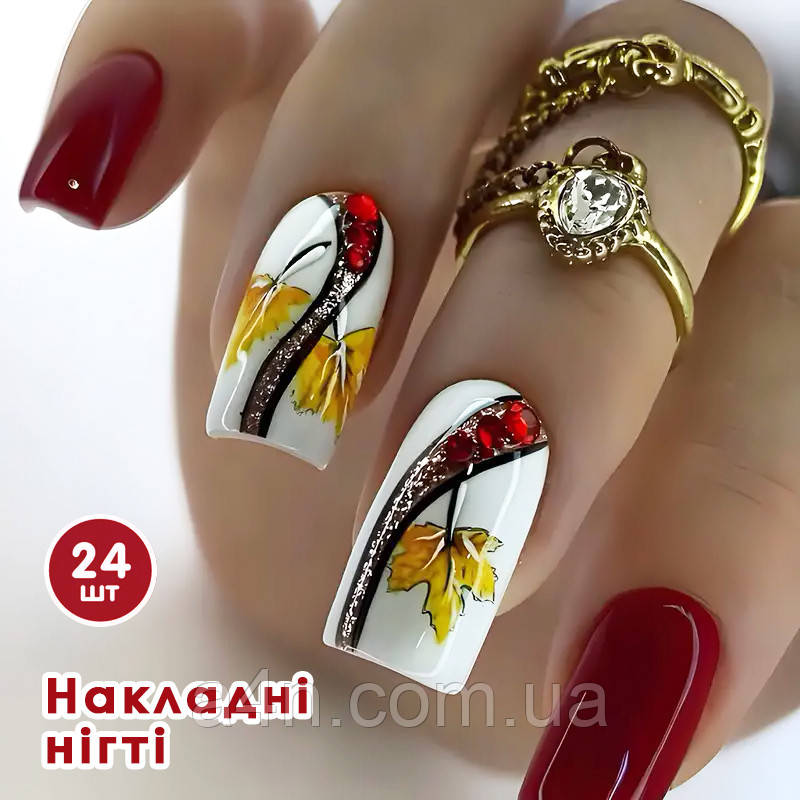 Накладні нігті 24 шт. + клейові стики для нігтів, форма-квадрат для манікюру