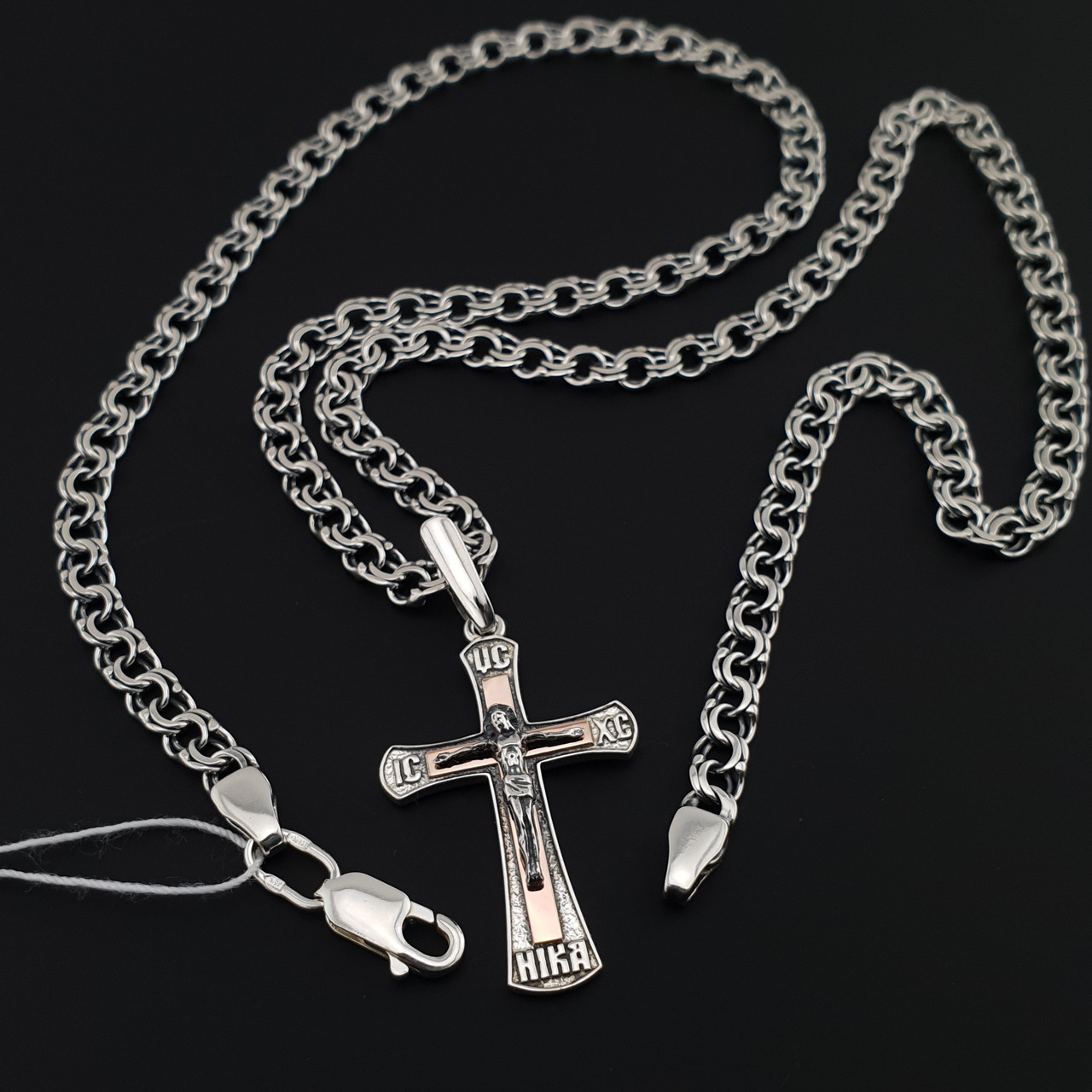 Чоловіча срібна цепочка Бісмарк і хрестик срібло з золотом. Чорнений ланцюжок і хрестик з золотою накладкою. 60 см, фото 1