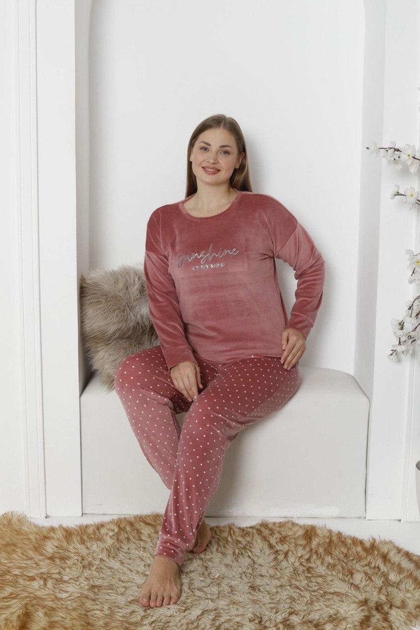 Комплект домашній ВЕЛЮРОВИЙ 2-ка БАТАЛ штани кофта 3XL-5XL ПУДРА ТУРЦІЯ PJ4230-2, фото 1