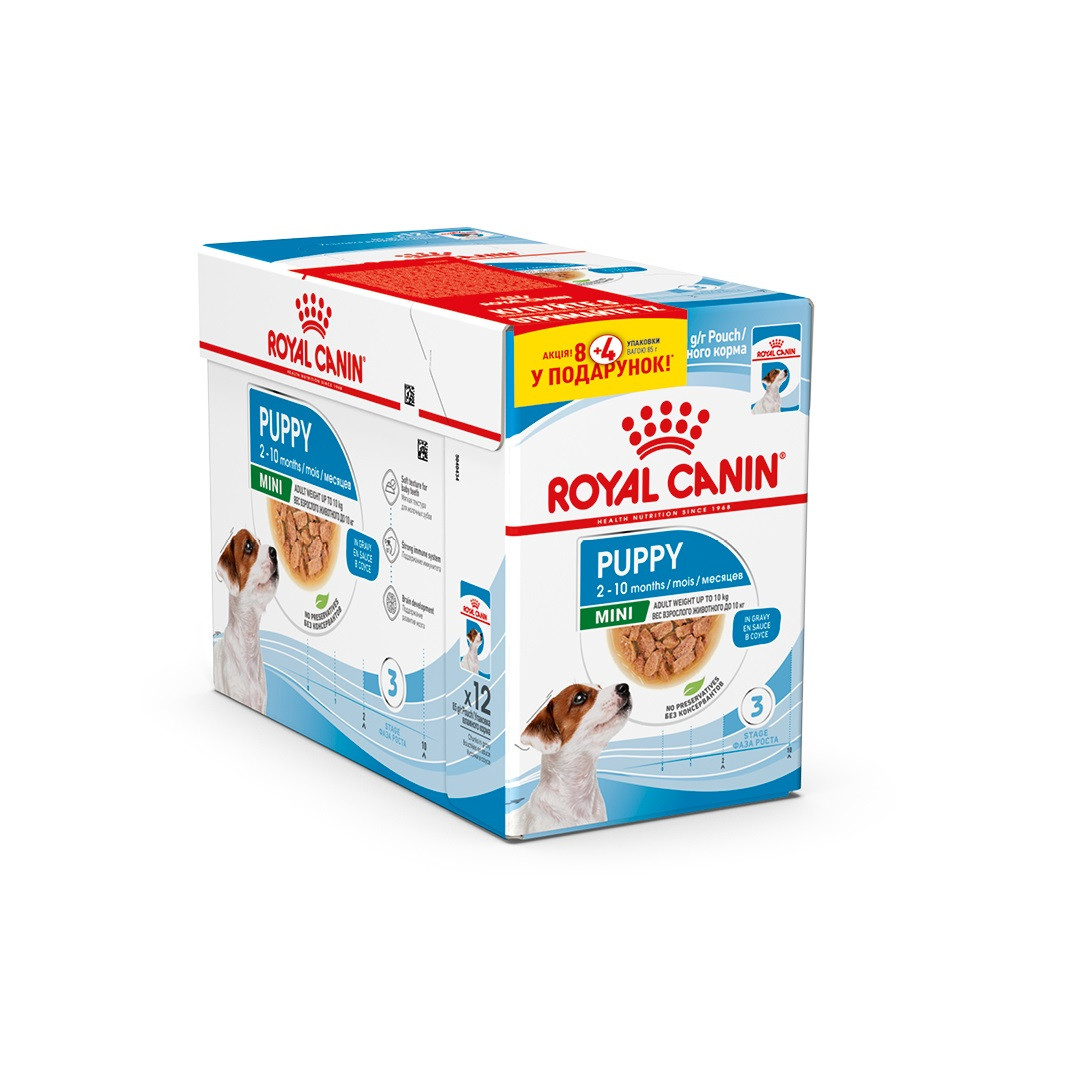 Акція! Royal Canin Mini Puppy вологий корм для цуценят дрібних порід, в соусі, 85гр 8 шт. + 4 шт. в подарунок!