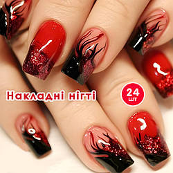 Накладні нігті 24 шт. + клейові стики для нігтів, форма-квадрат для манікюру