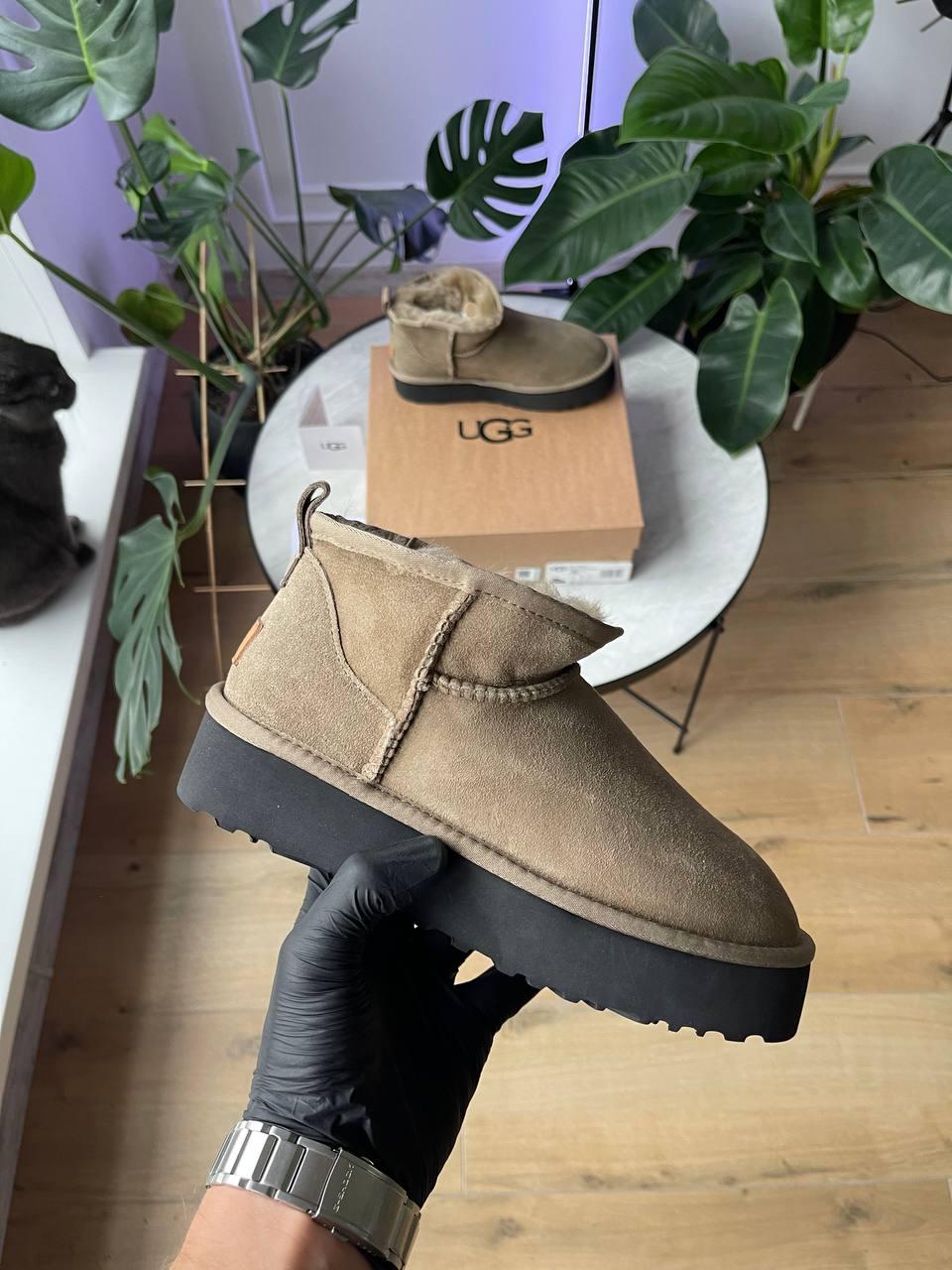 Зимові Жіночі Черевики UGG Ultra Mini Platform “Khaki” | бежево-коричневі (хакі), теплі, з хутром, на платформі, розміри 36–40, фото 1