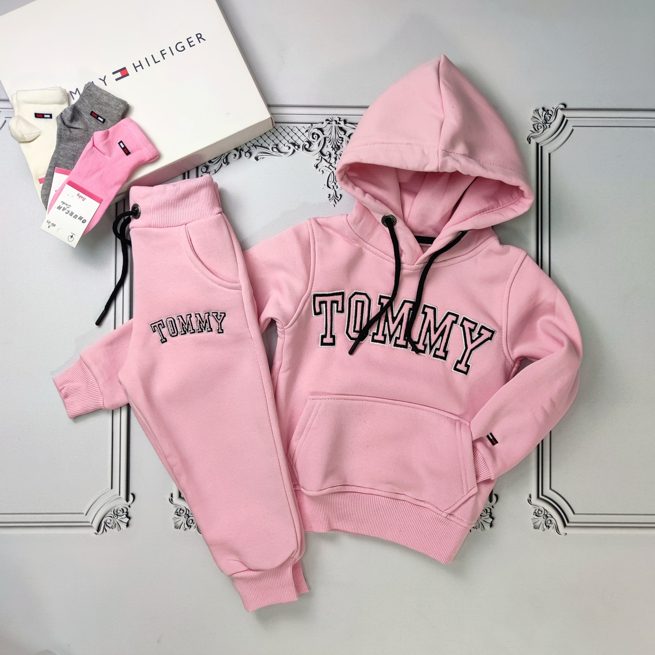 Дитячий, рожевий підлітковий теплий спортивний костюм на флісі Томмі для дівчат