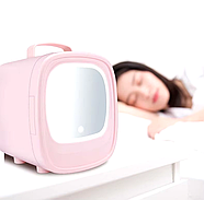 Портативний косметичний холодильник зі світлодіодним дзеркалом Рожевий 12V Холодильник для косметики на 6л, фото 6