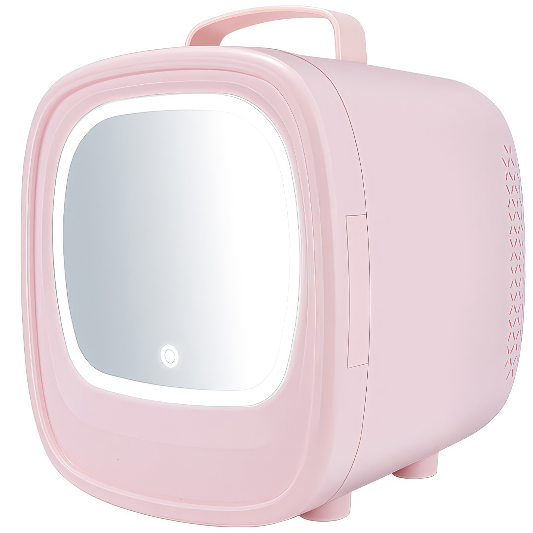 Портативний косметичний холодильник зі світлодіодним дзеркалом Рожевий 12V Холодильник для косметики на 6л, фото 1