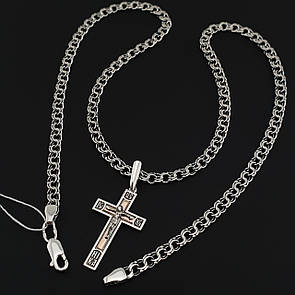 Срібна цепочка чоловіча і хрестик з срібло з золотом. Чорнений ланцюжок бісмарк і хрестик з золотою накладкою