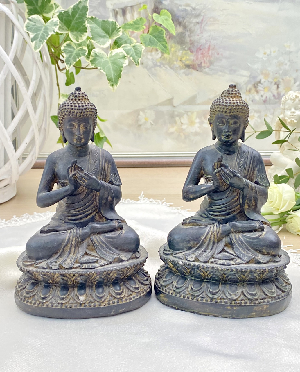 Дві старі статуетки Будди, полімери або щільний пластик, покриття під бронзу, вінтаж