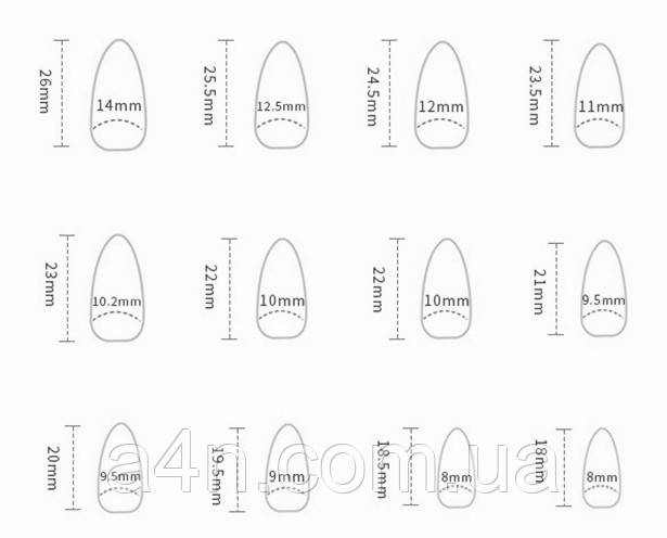 Накладные ногти - Интернет-магазин A4N Размеры накладных ногтей