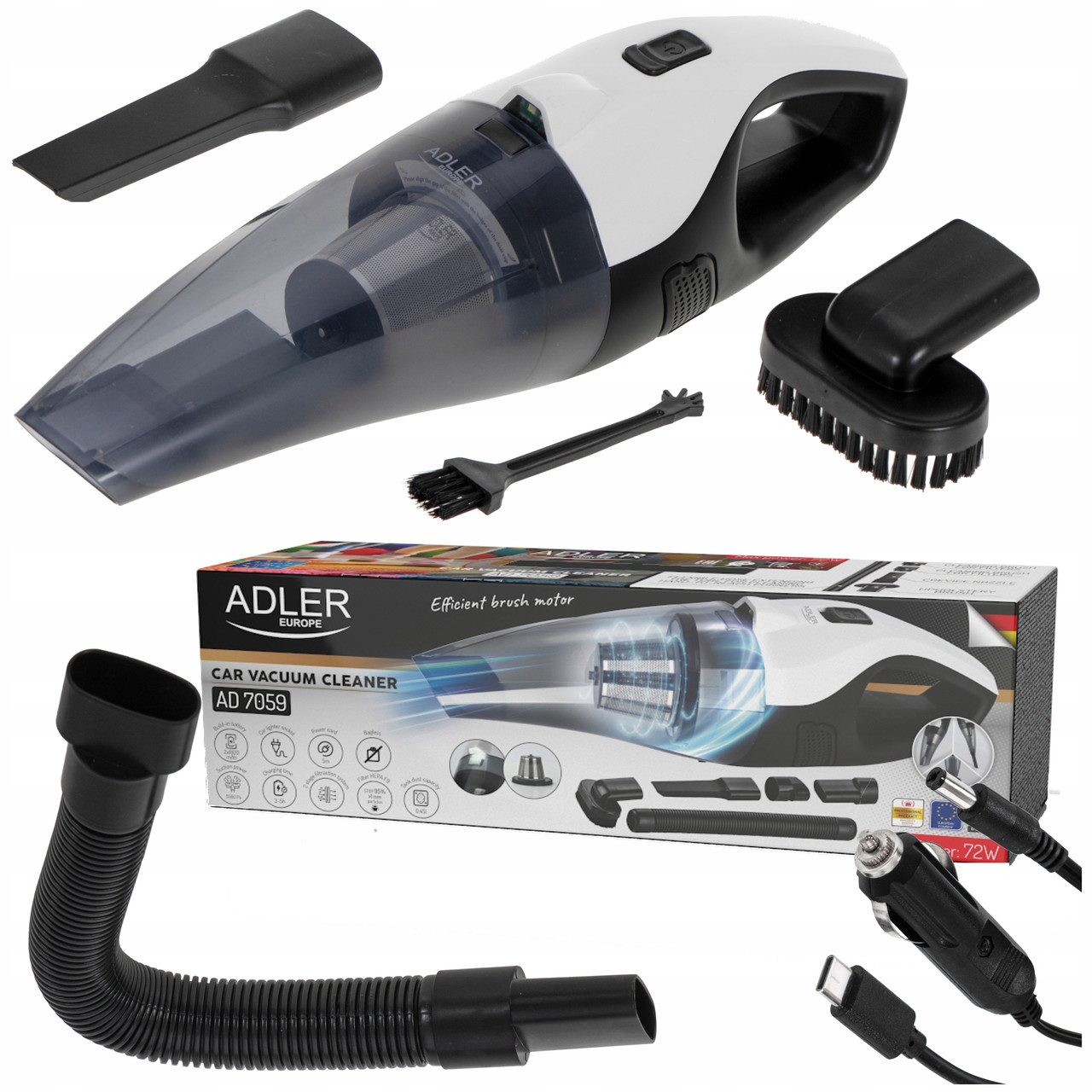 Автомобільний пилосос Adler AD 7059 - 5500 Па, 60/84 Вт, акумулятор 3600 мАг, USB-C/12 В, фото 1