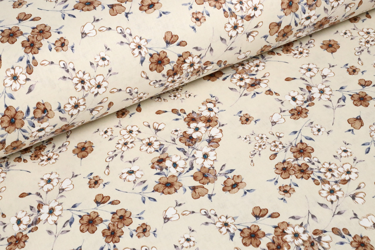 Відріз ранфорсу Квіти коричнево-білі з сірими листочками 70х240 см