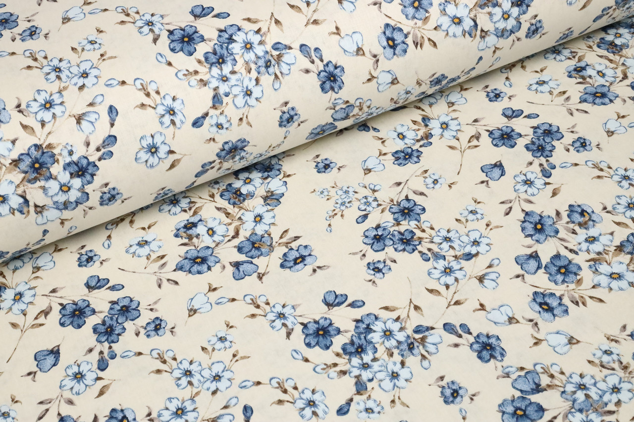 Ранфорс 240 см Квіти синьо-блакитні з сірими листочками, фото 1