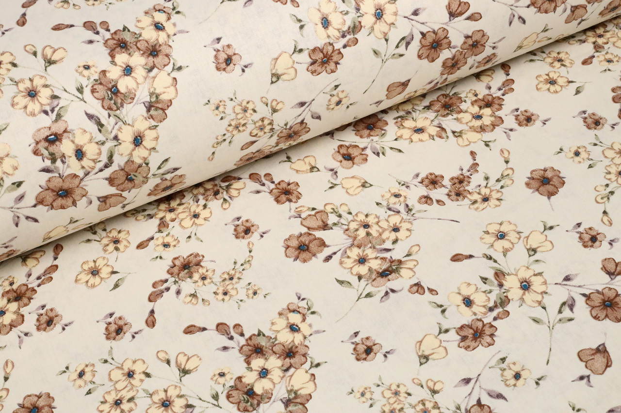 Ранфорс 240 см Квіти коричнево-кремові з оливковими листочками