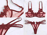Бордовий комплект білизни з вишивкою, ліф з кісточками та трусики, фото 2