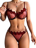 Бордовий комплект білизни з вишивкою, ліф з кісточками та трусики, фото 3