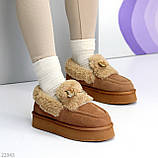 Замшеві зимові автоледі натуральна замша на хутрі колір карамель, фото 7