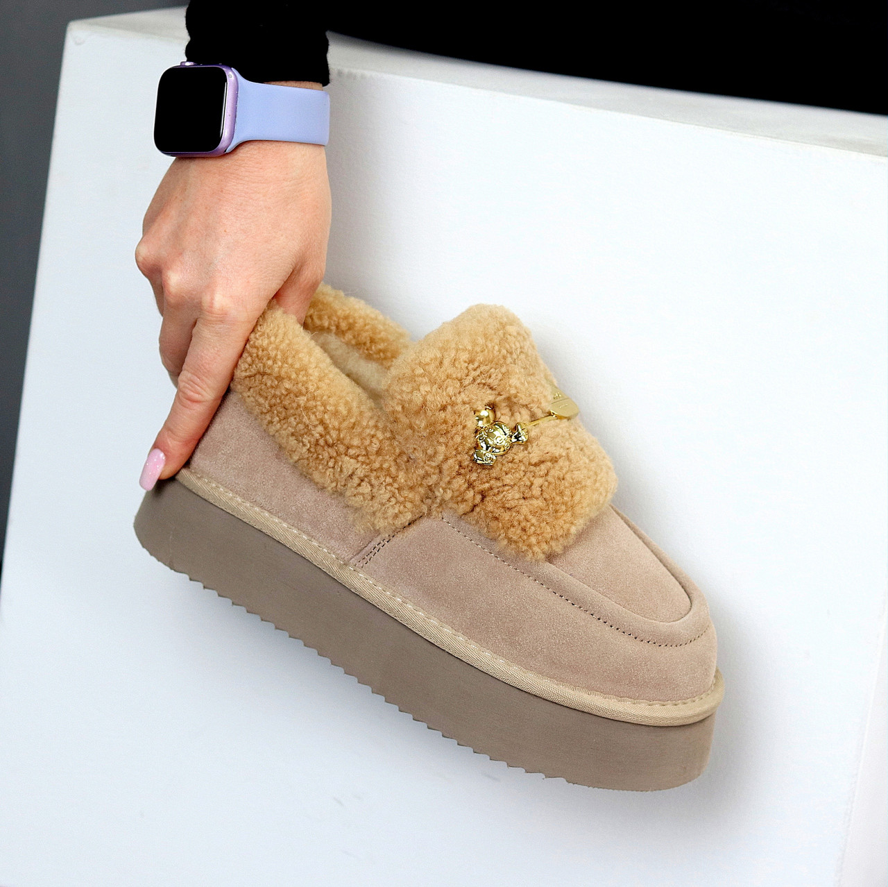 Замшеві зимові бежеві автоледі натуральна замша на хутрі, фото 1