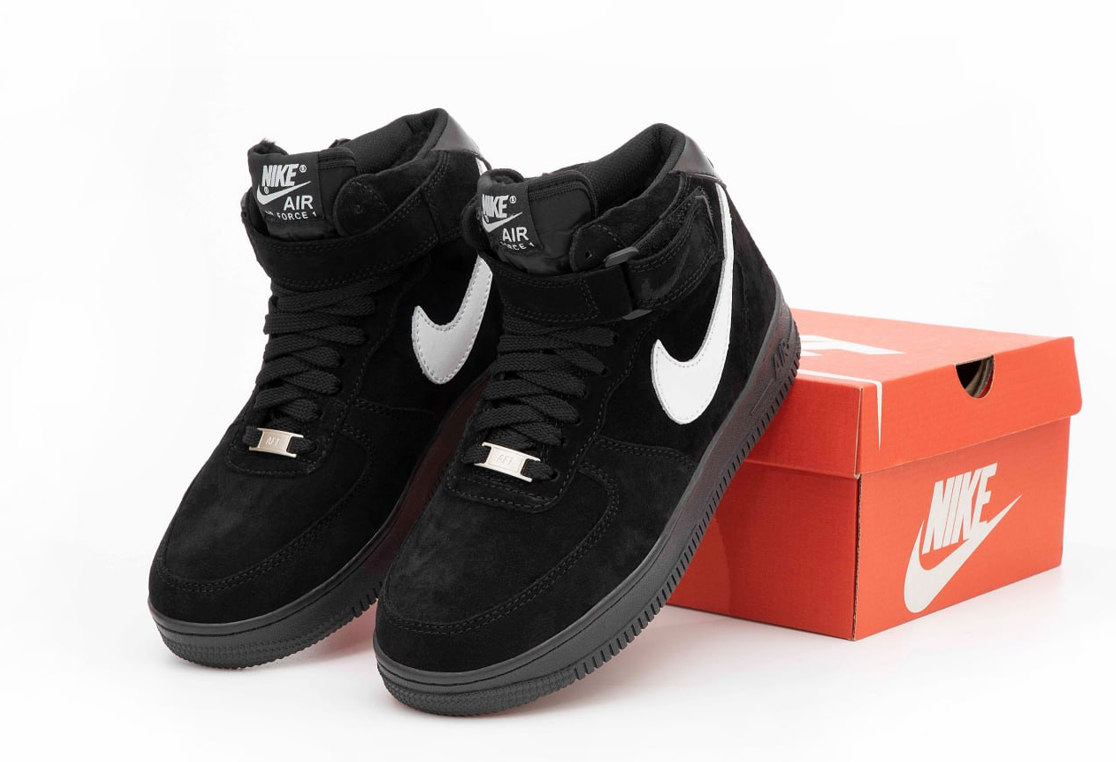 Зимові високі кросівки Nike force High black white Найк Форс чорно-білі на хутрі замшеві чоловічі