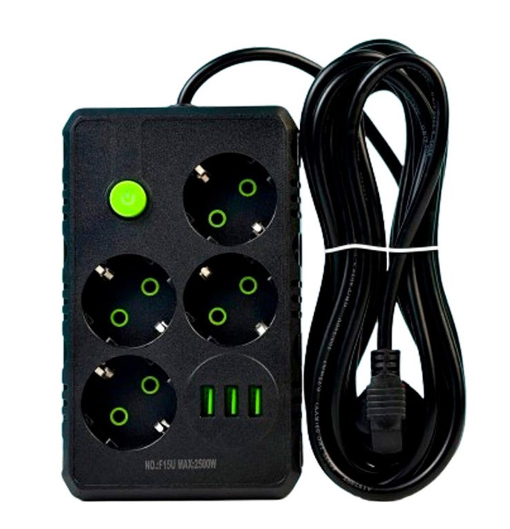 Подовжувач UA Power F15U на 4 розетки, 3USB, 4 м, чорний, фото 1