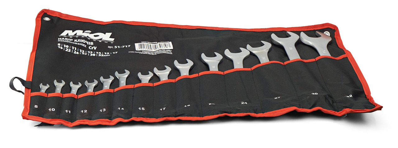 51-717 Набір ключів комбінованих Cr-V сатин, 14шт (8-32мм) у брезенті