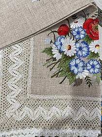 Скатертина лляна сіра "Червоний мак" прямокутна машинна вишивка гладдю 180*130
