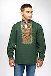 Вишиванка чоловіча ,,Бажан’'зелений льон вишивка помаранчево- коричнева довгий рукав розмір від S до 5xl, фото 2