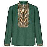 Вишиванка чоловіча ,,Бажан’'зелений льон вишивка помаранчево- коричнева довгий рукав розмір від S до 5xl, фото 4