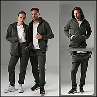 Костюм зимовий стильний спортивний оливковий на флісі, класні чоловічі та жіночі спортивні костюми.