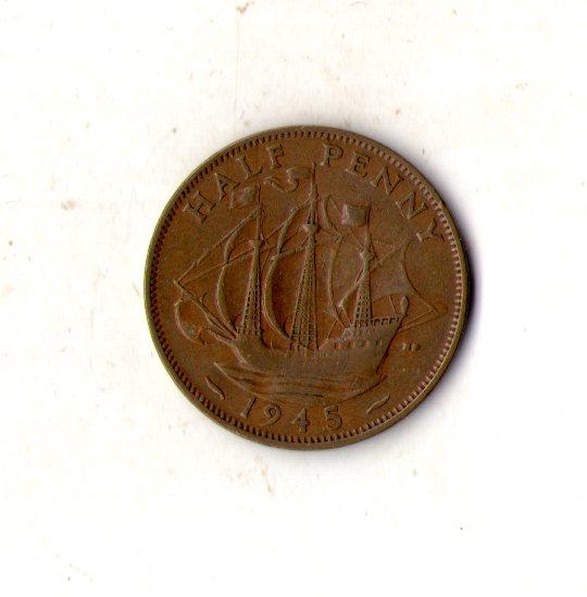 Велика Британія Король Георг VI 1/2 пенні 1945 рік №1753